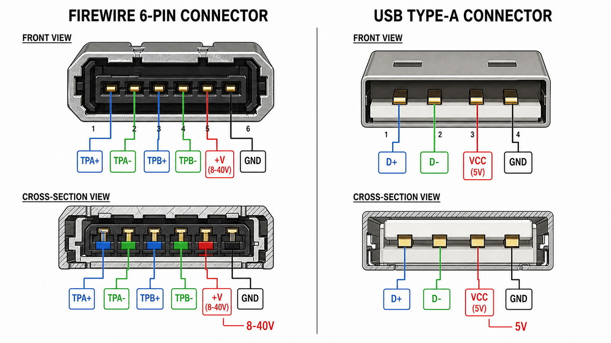 FireWire and USB Connector Pin Configuration FireWire and USB Connector Pin Configuration
