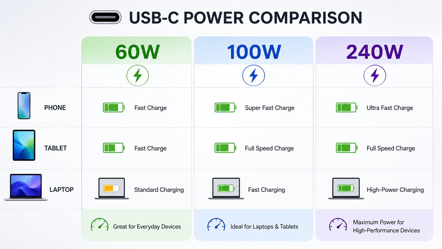 USB C Charging Power Comparison