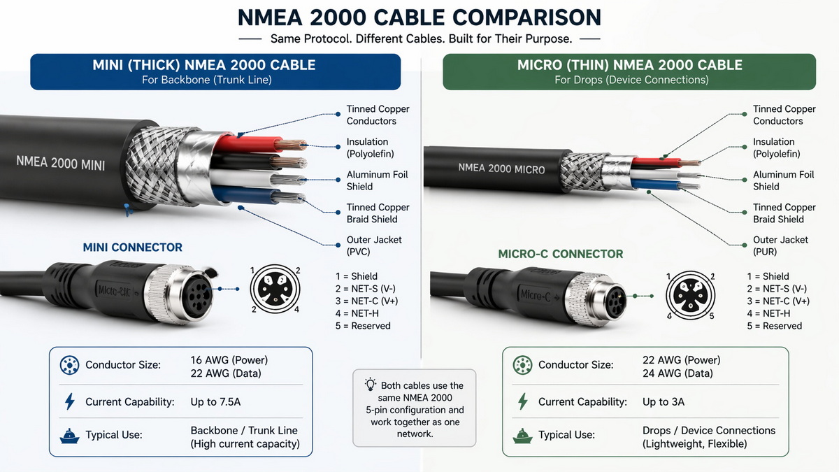 Mini And Micro NMEA 2000 Cables Comparison